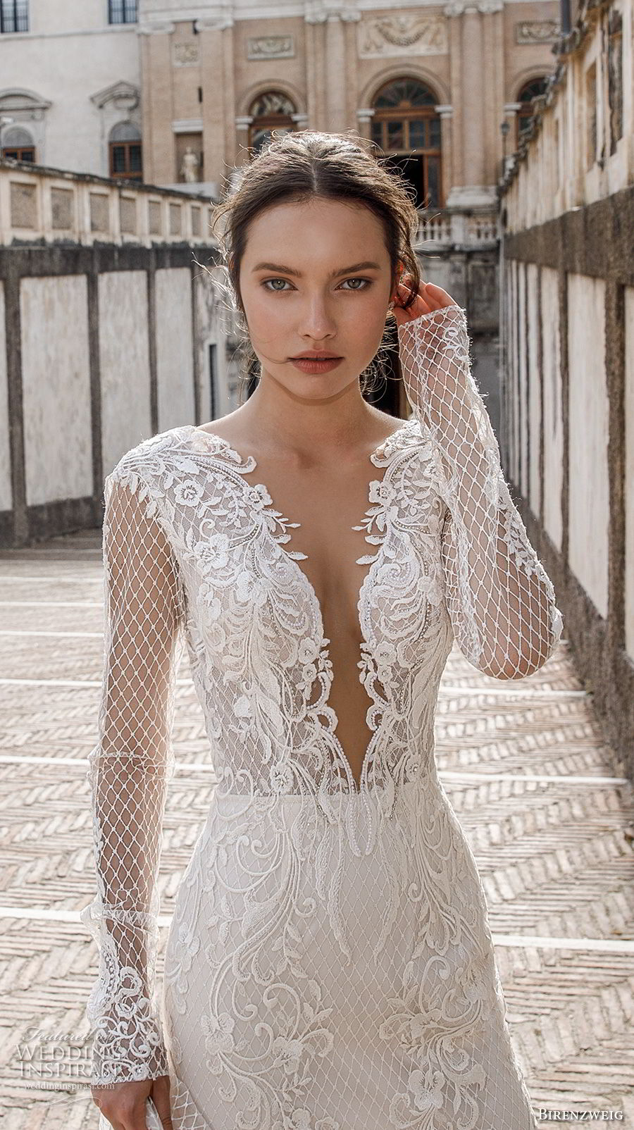 birenzweig 2018 bridal long sleeves deep plunging sweetheart neckline full embellishment elegant sexy fit and flare wedding dress open v back chapel train (11) zv