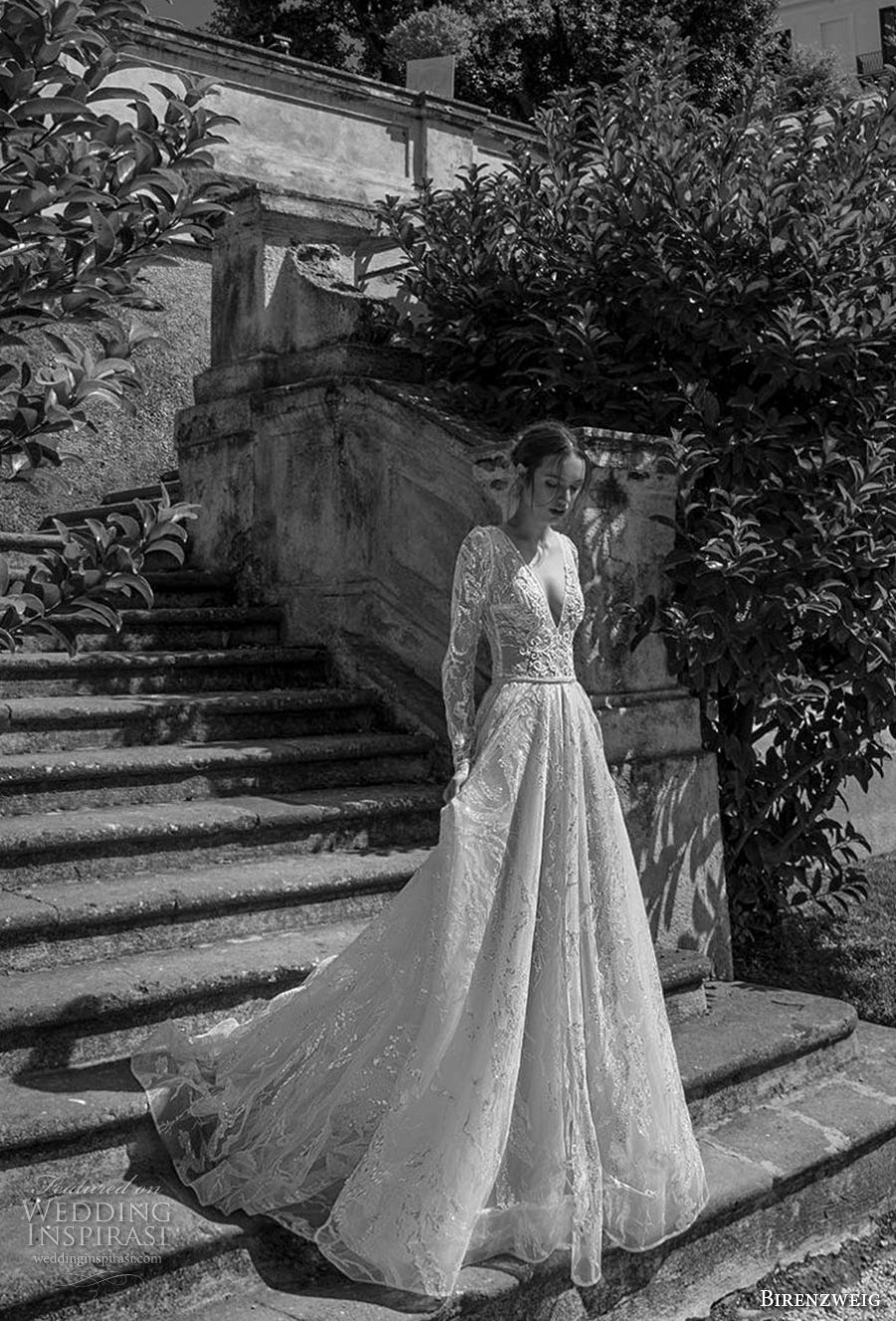 birenzweig 2018 bridal long sleeves deep v neck full embellishment romantic sexy a line wedding dress open v back royal train (12) mv birenzweig 2018 bridal long sleeves deep v neck full embellishment romantic sexy a line wedding dress open v back royal train (12) mv