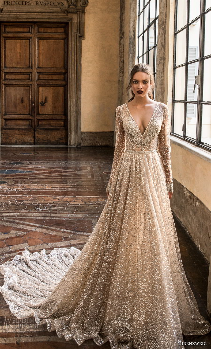 birenzweig 2018 bridal long sleeves deep v neck full embellishment sexy glamorous a line wedding dress open v back chapel train (5) mv birenzweig 2018 bridal long sleeves deep v neck full embellishment sexy glamorous a line wedding dress open v back chapel train (5) mv