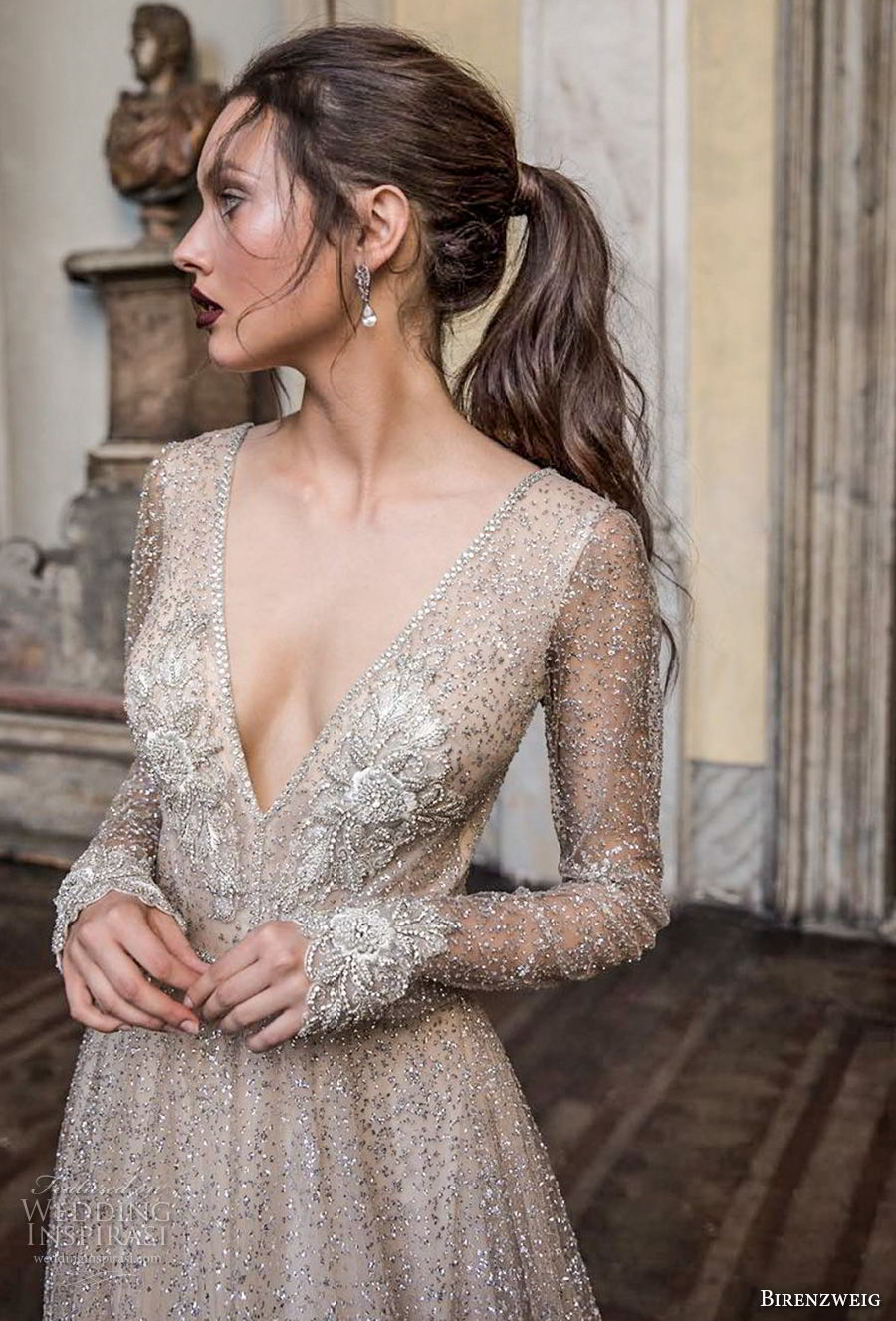 birenzweig 2018 bridal long sleeves deep v neck full embellishment sexy glamorous a  line wedding dress open v back chapel train (5) zv