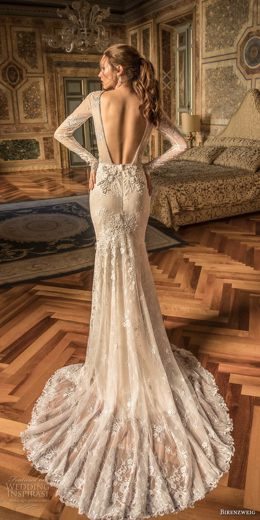 birenzweig 2018 bridal long sleeves jewel neck full embellishment side slit skirt elegant fit and flare wedding dress open back short train (7) bv