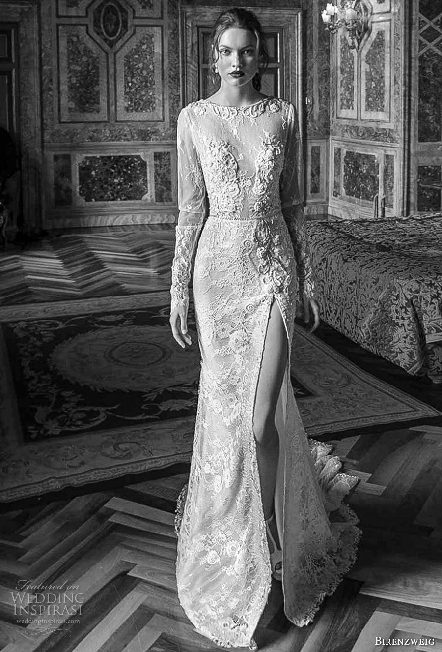 birenzweig 2018 bridal long sleeves jewel neck full embellishment side slit skirt elegant fit and flare wedding dress open back short train (7) mv birenzweig 2018 bridal long sleeves jewel neck full embellishment side slit skirt elegant fit and flare wedding dress open back short train (7) mv