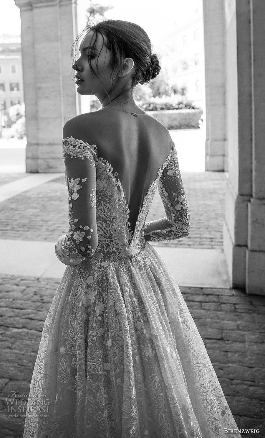 birenzweig 2018 bridal long sleeves off the shoulder deep plunging v neck full embellishment a  line wedding dress sheer v back chapel train (1) zbv