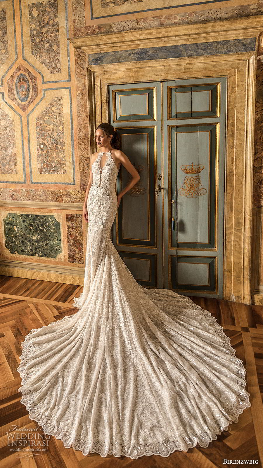 birenzweig 2018 bridal sleeveless halter neck full embellshemt elegant fit and flare wedding dress keyhole back royal train (17) mv birenzweig 2018 bridal sleeveless halter neck full embellshemt elegant fit and flare wedding dress keyhole back royal train (17) mv