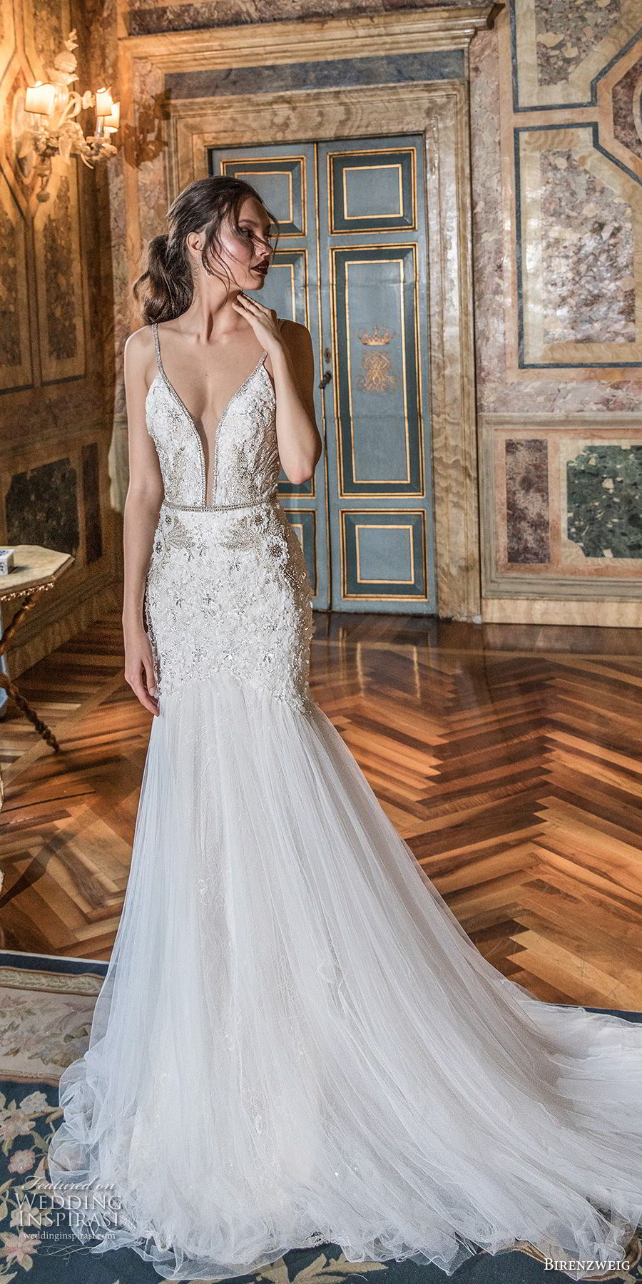 birenzweig 2018 bridal spaghetti strap deep plunging sweetheart neckline heavily embellished bodice sexy elegant trumpet wedding dress open v back chapel train (15) mv birenzweig 2018 bridal spaghetti strap deep plunging sweetheart neckline heavily embellished bodice sexy elegant trumpet wedding dress open v back chapel train (15) mv
