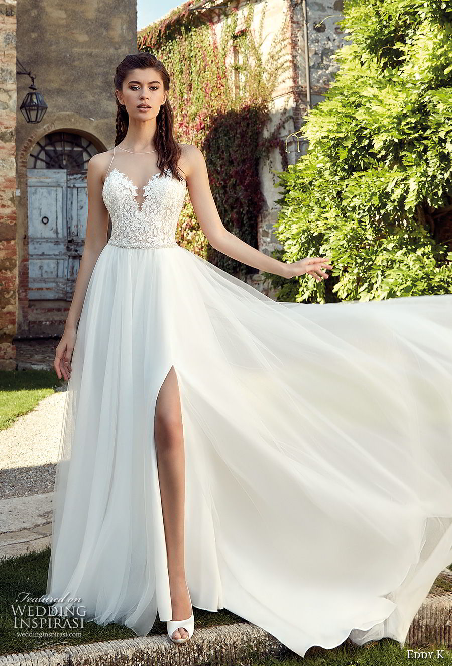 eddy k 2019 ek sleeveless illusion jewel sweetheart neckline heavily embellished bodice side slit skirt soft a  line wedding dress (27) mv