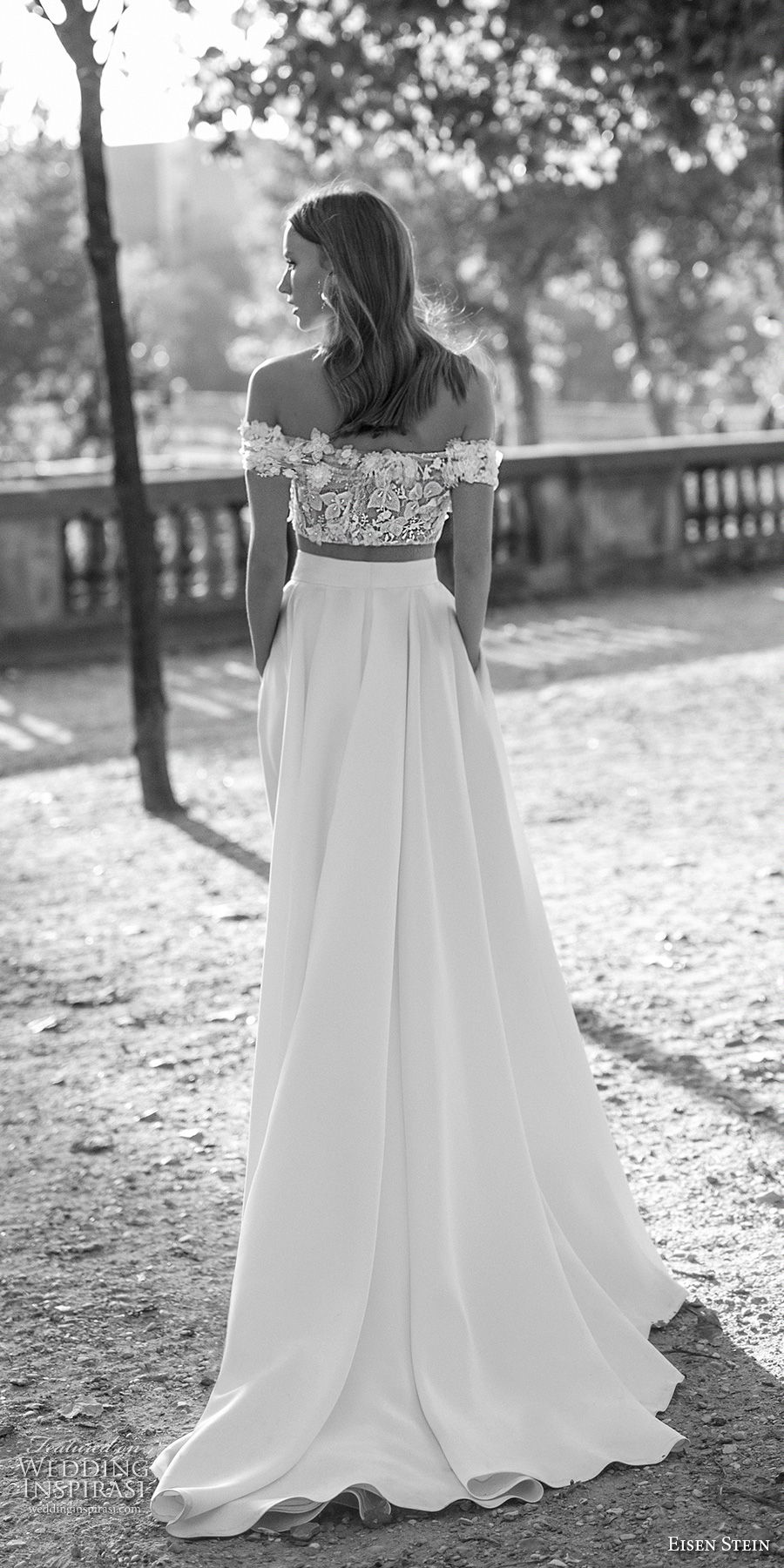 eisen stein 2018 bridal off the shoulder straight across neckline crop top high slit skirt romantic a  line wedding dress with pockets sweep train (1)  bv