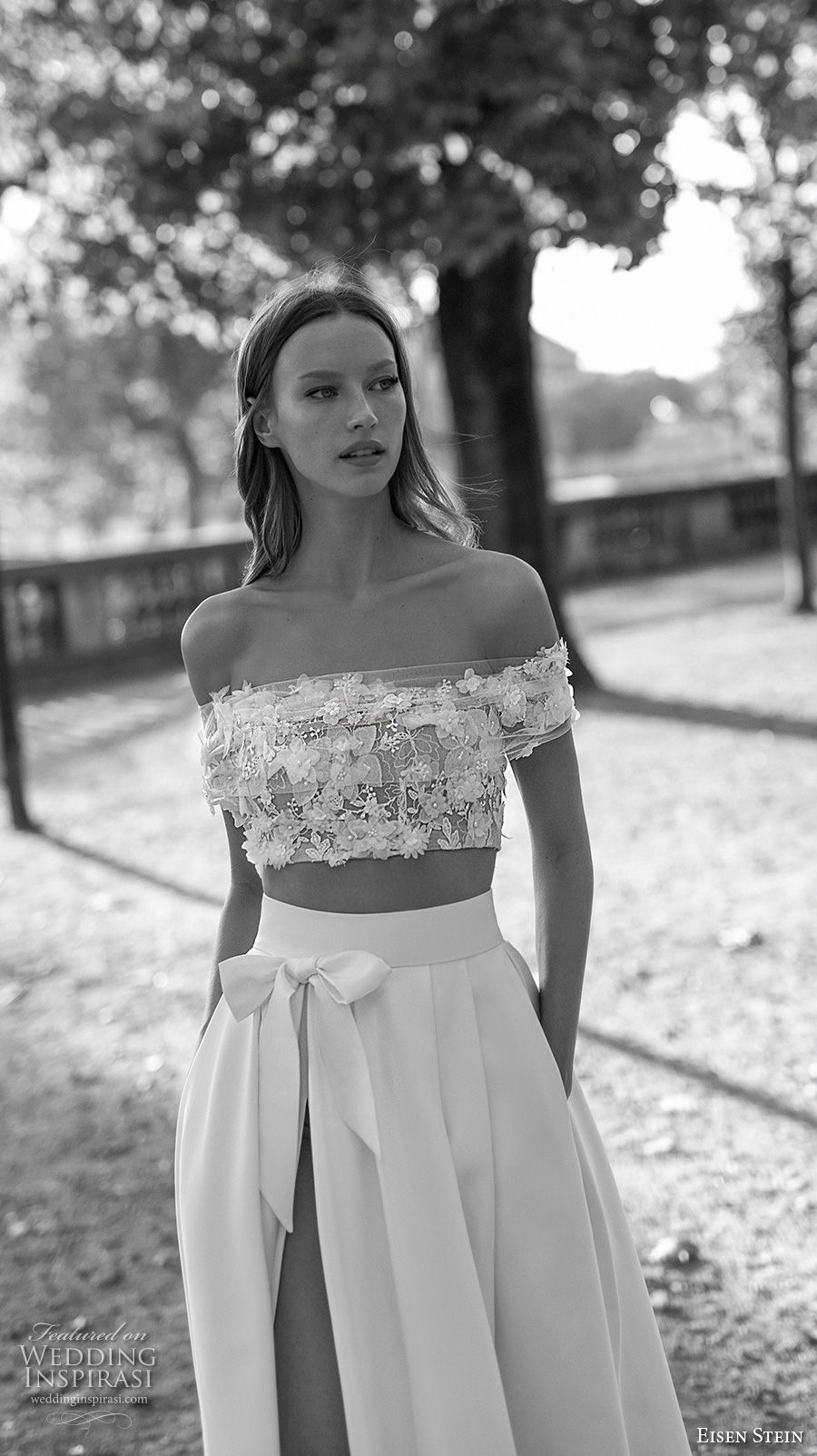 eisen stein 2018 bridal off the shoulder straight across neckline crop top high slit skirt romantic a  line wedding dress with pockets sweep train (1) zv mv
