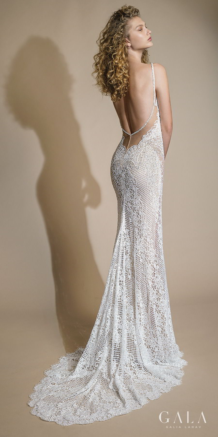 galia lahav gala 2019 bridal thin strap deep plunging v neckline full embellishment sexy elegant fit and flare sheath wedding dress low open back sweep train (105) bv