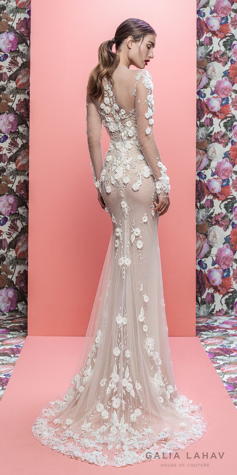 galia lahav spring 2019 bridal long sleeeves sweetheart neckline heavily embellished bodice hem elegant  fit and flare wedding dress  sheer lace back chapel train (thea) bv