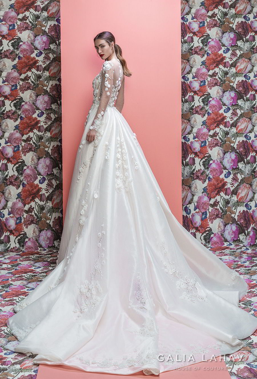 galia lahav spring 2019 bridal long sleeeves sweetheart neckline heavily embellished bodice hem princess fit and flare wedding dress a  line overskirt sheer lace back chapel train (thea) bv