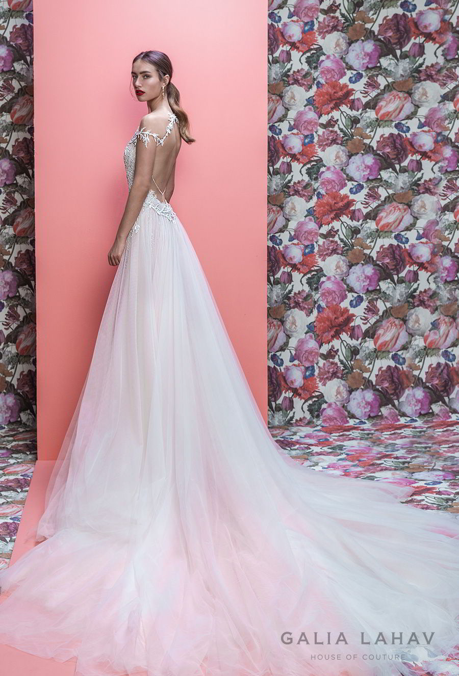 galia lahav spring 2019 bridal off the shoulder deep plugning sweetheart neckline full embellishment slit skirt romantic a  line  wedding dress keyhole back sweep train (marleigh) bv