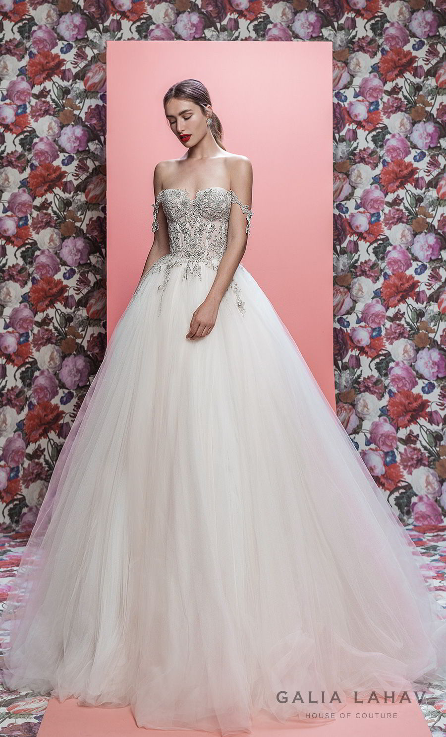 galia lahav spring 2019 bridal off the shoulder sweetheart neckline heavily embellised bodice princess romantic ball gown a  line wedding dress chapel train (mia) mv