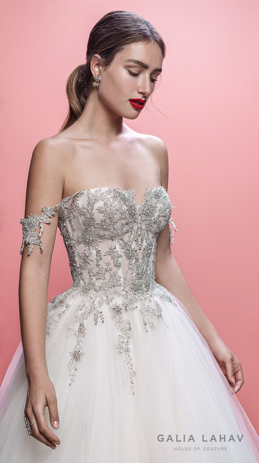 galia lahav spring 2019 bridal off the shoulder sweetheart neckline heavily embellised bodice princess romantic ball gown a  line wedding dress chapel train (mia) zv