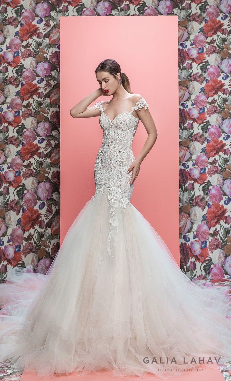 galia lahav spring 2019 bridal off the shoulder sweetheart neckline heavily embellished bodice bustier tulle skirt elegant mermaid wedding dress low open back royal train (allegra) mv