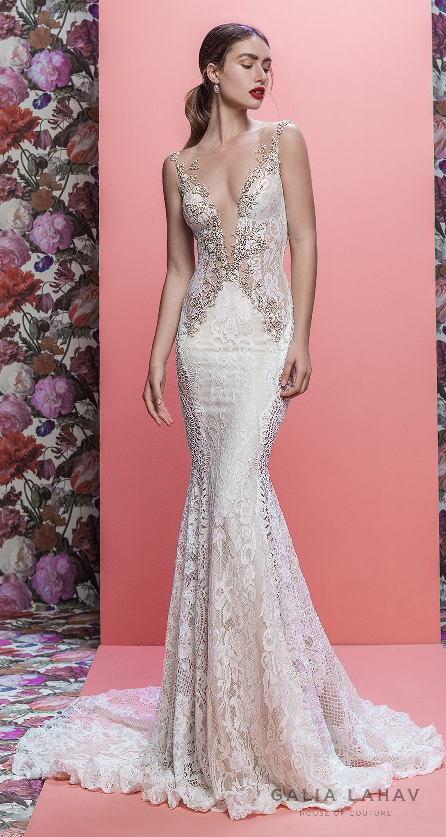 galia lahav spring 2019 bridal sleeveless deep plunging v neck full embellishment elegant sexy fit and flare wedding dress low open back chapel train (luca) mv