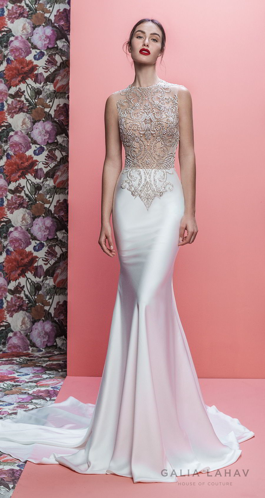 galia lahav spring 2019 bridal sleeveless jewel neck heavily embellished bodice satin skirt elegant glamorous fit and flare wedding dress sheer button back chapel train (emersyn) mv