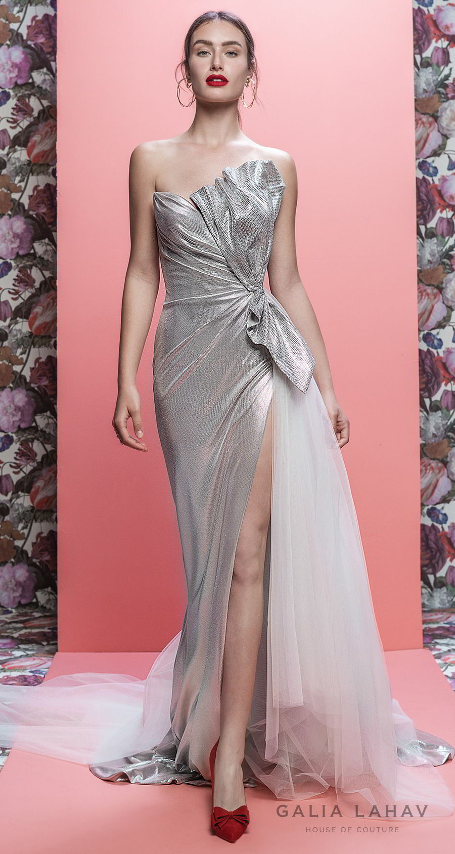 galia lahav spring 2019 bridal strapless asymetrical neckline metallic slit skirt silver color sheath wedding dress chapel train (arden) mv