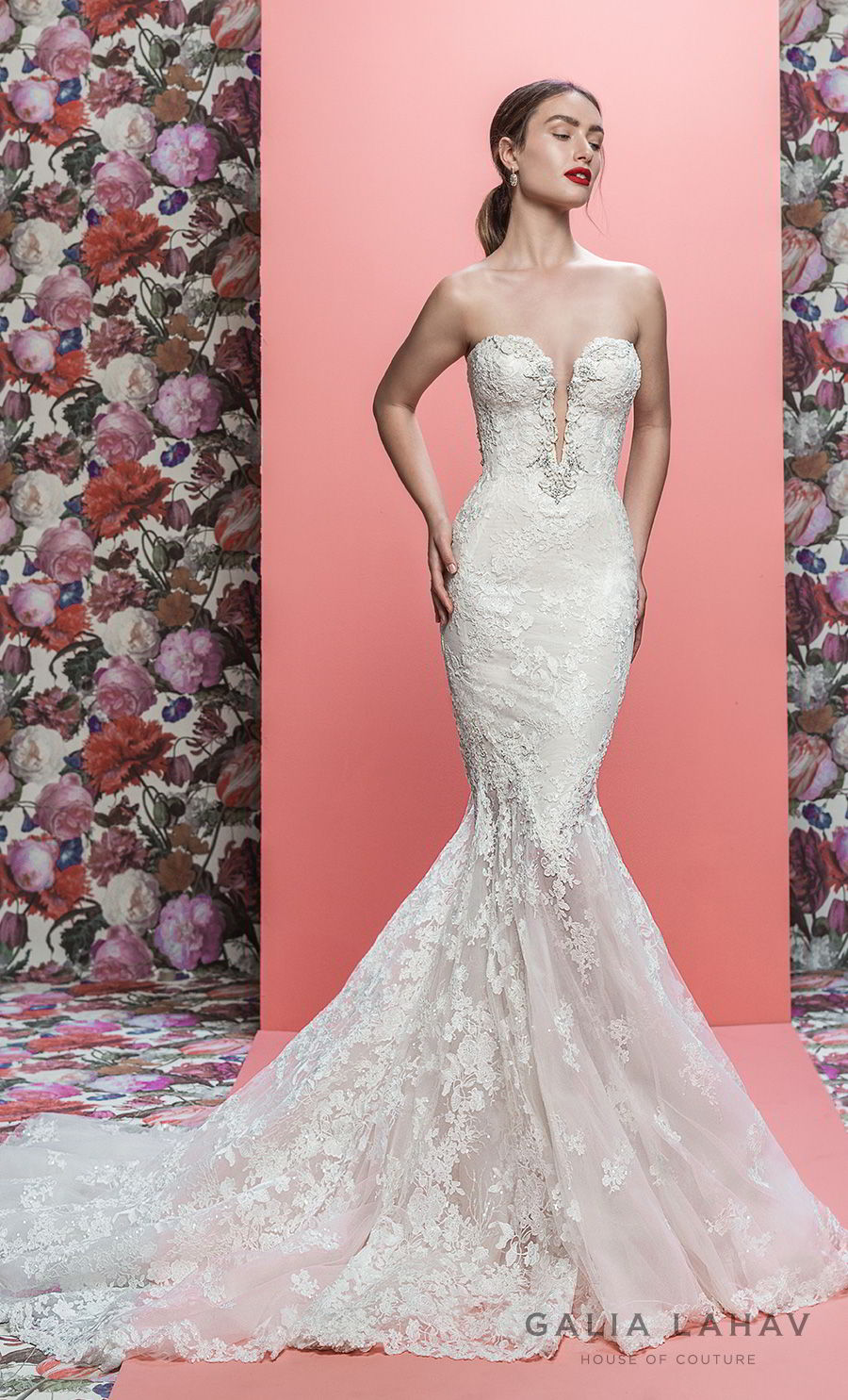 galia lahav spring 2019 bridal strapless deep plunging sweetheart neckline full embellishmet elegant mermaid wedding dress low open back chapel train (lorraine) mv