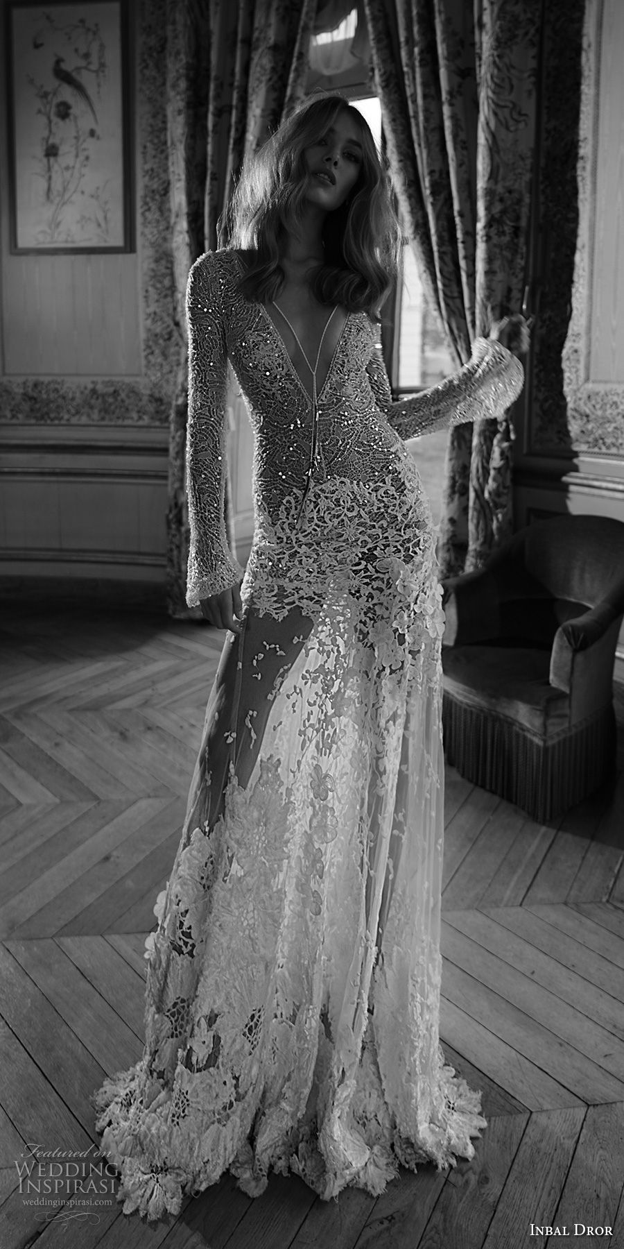 inba dror fall 2018 bridal long sleeves deep v neck full embellishment sexy modified a  line wedding dress open back chapel train (4) mv