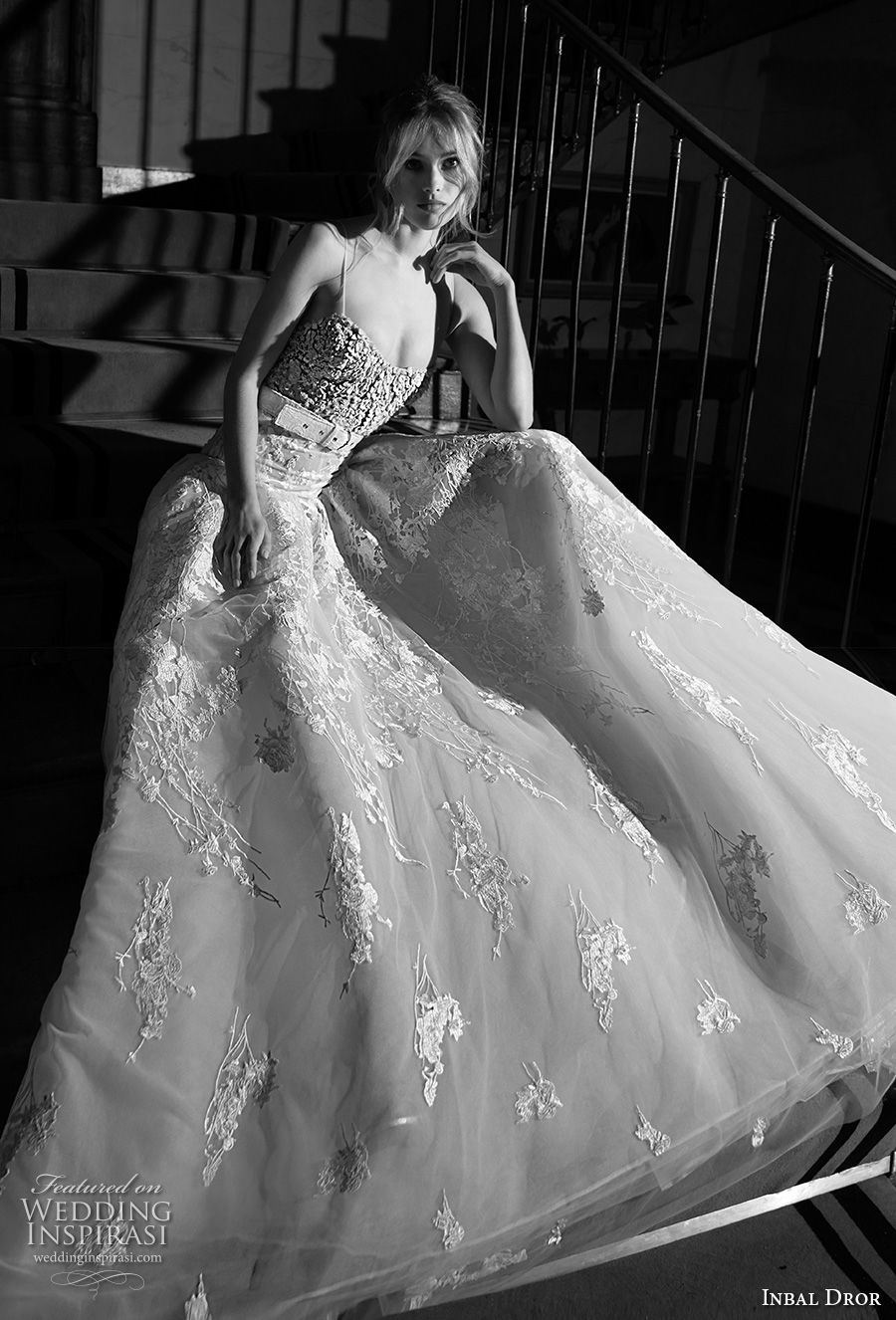 inba dror fall 2018 bridal spaghetti strap semi sweetheart neckline heavily embellished bodice romantic a  line wedding dress chapel train (15) mv