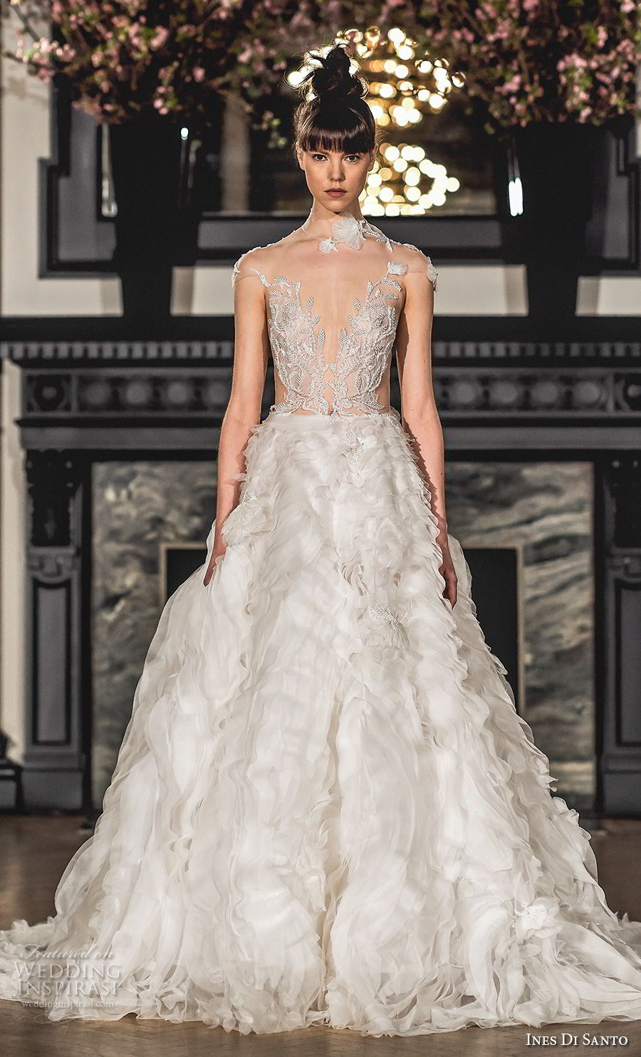 ines di santo spring 2019 bridal cap sleeves illusion high neck heavily embellished bodice ruffled skirt romantic glamorous a  line wedding dress (5) mv
