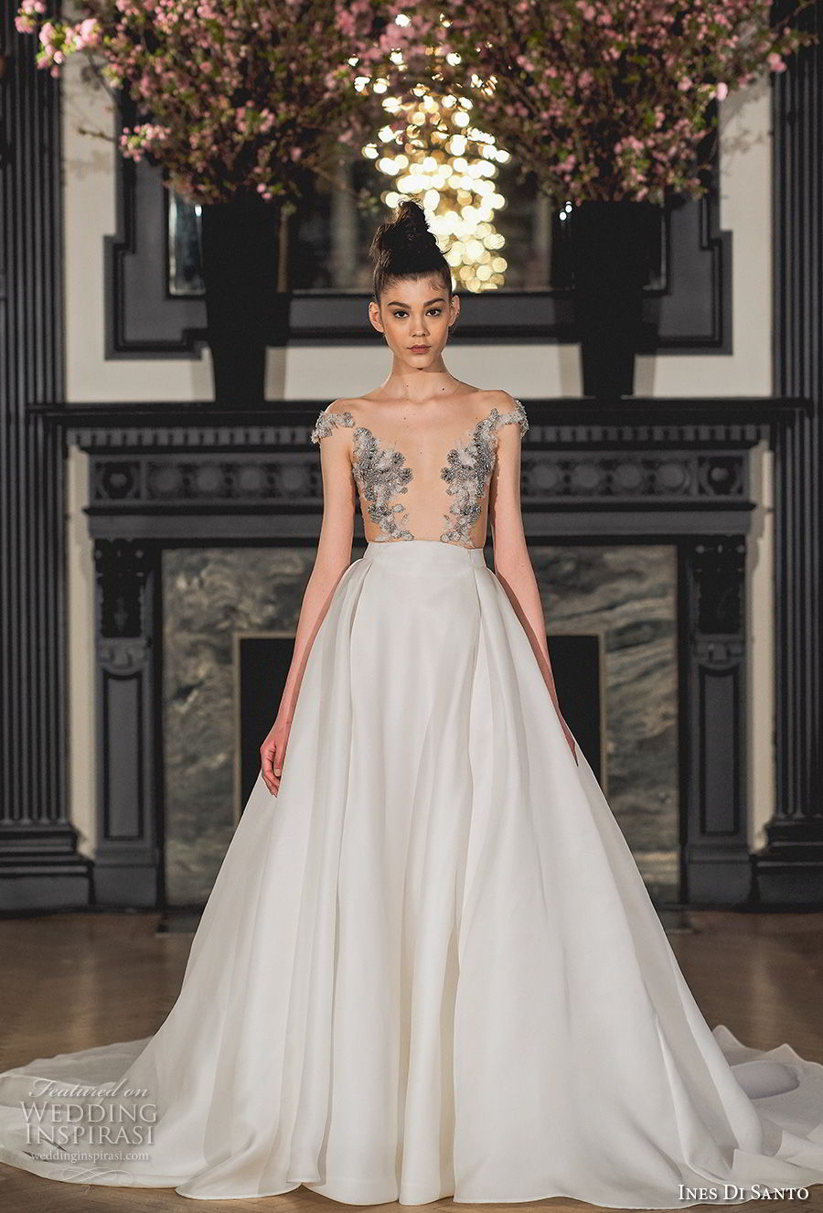 ines di santo spring 2019 bridal cap sleeves illusion jewel deep plunging v neck heavily embellished bodice glamorous a  line wedding dress chapel train (14) mv