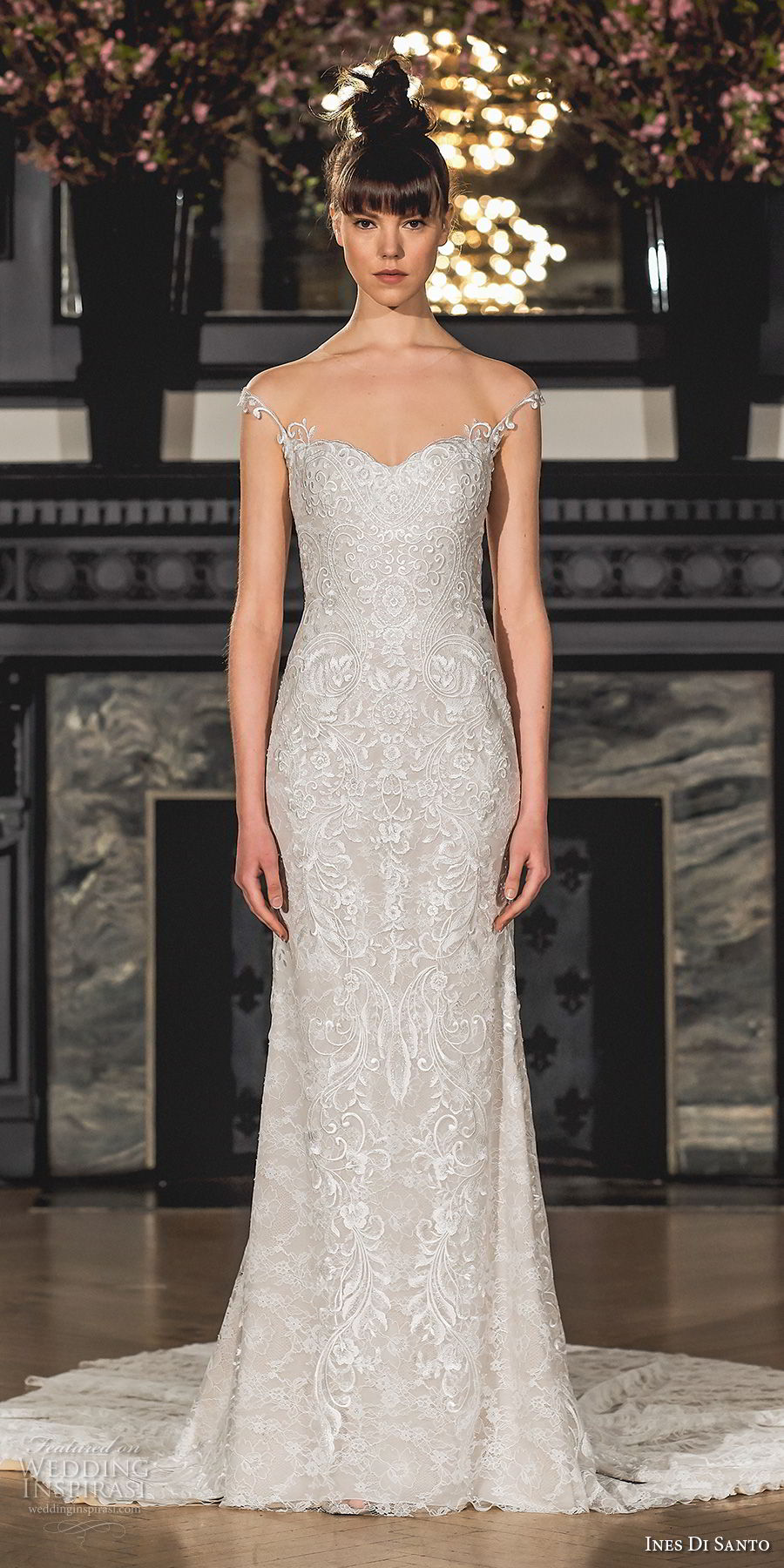 ines di santo spring 2019 bridal cap sleeves semi sweetheart neckline full embellishment elegant sheath wedding dress chapel train (16) mv