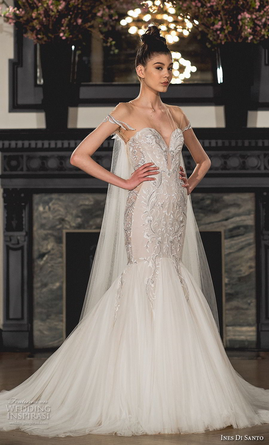 ines di santo spring 2019 bridal cap sleeves sheer v sweetheart neckline heavily embellished elegant glamorous mermaid wedding dress chapel train (19) mv