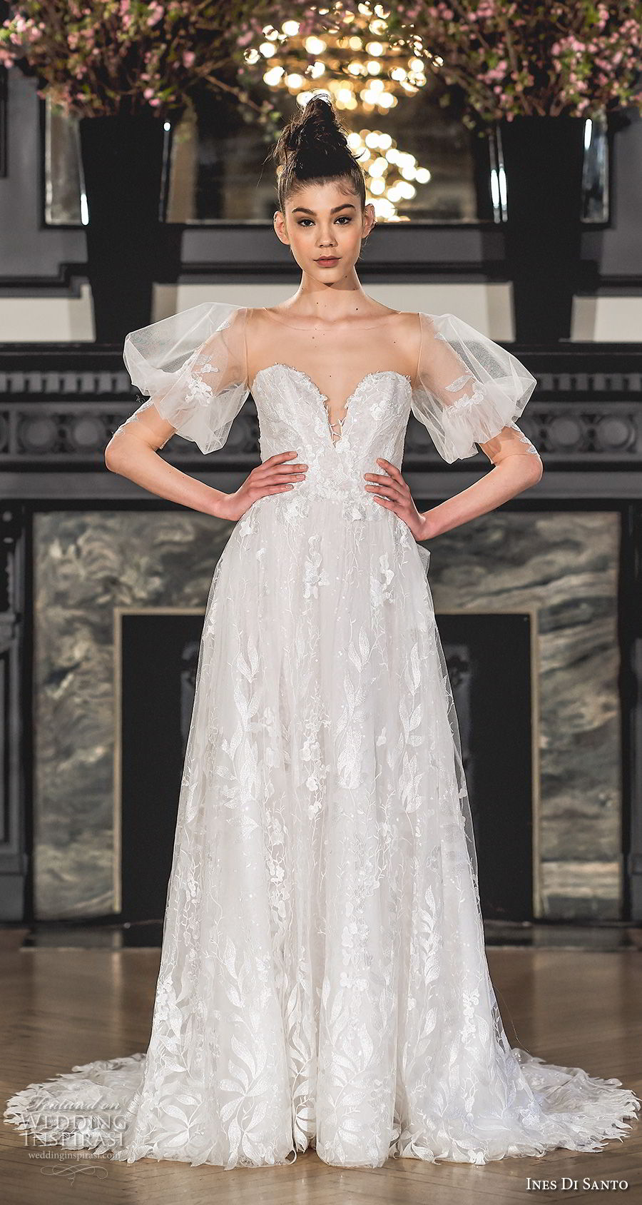 ines di santo spring 2019 bridal half balloon sleeves illusion bateau sweetheart neckline full embellishment romantic a  line wedding dress sweep train (9) mv