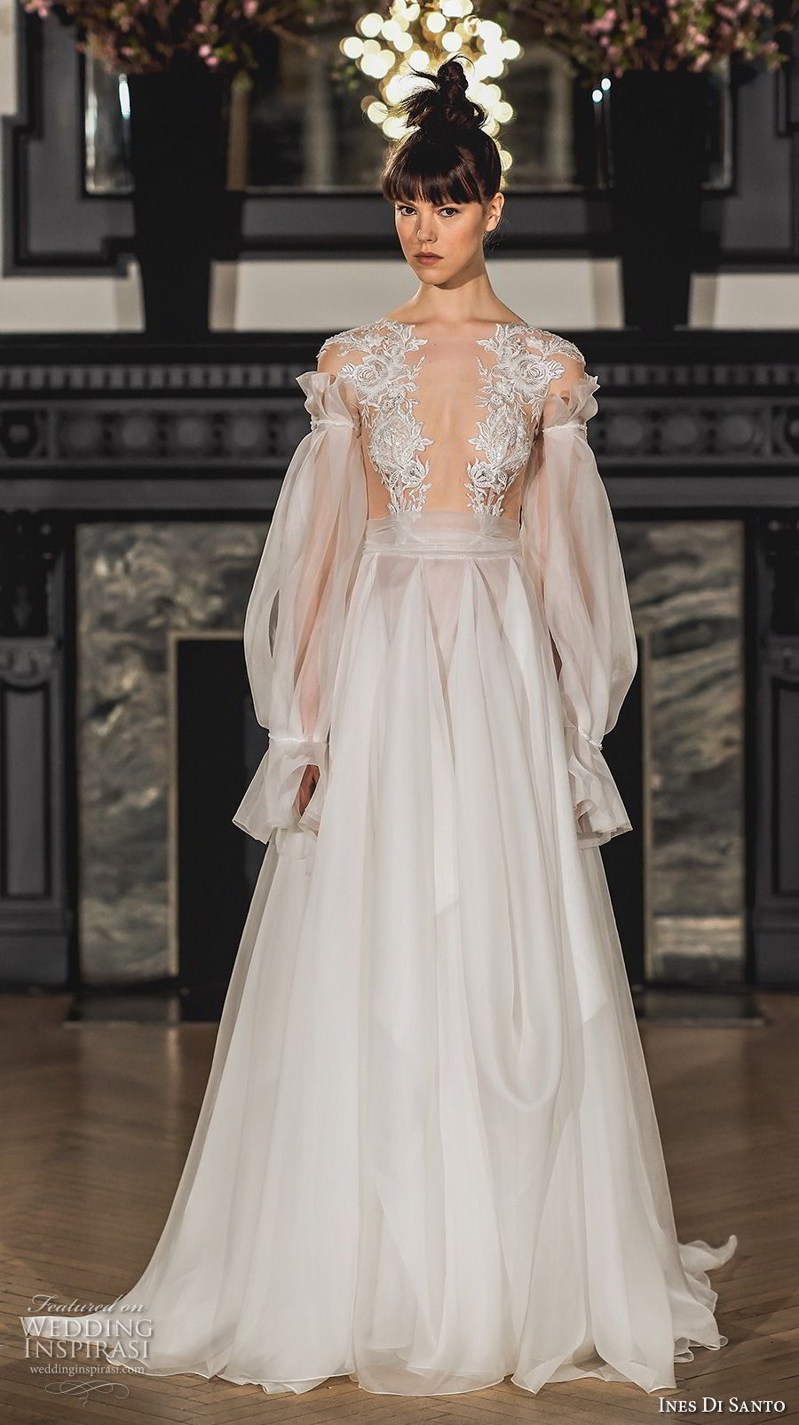 ines di santo spring 2019 bridal long bishop sleeves deep plunging v neck heavily embellished bodice sexy a  line wedding dress sweep train (10) mv