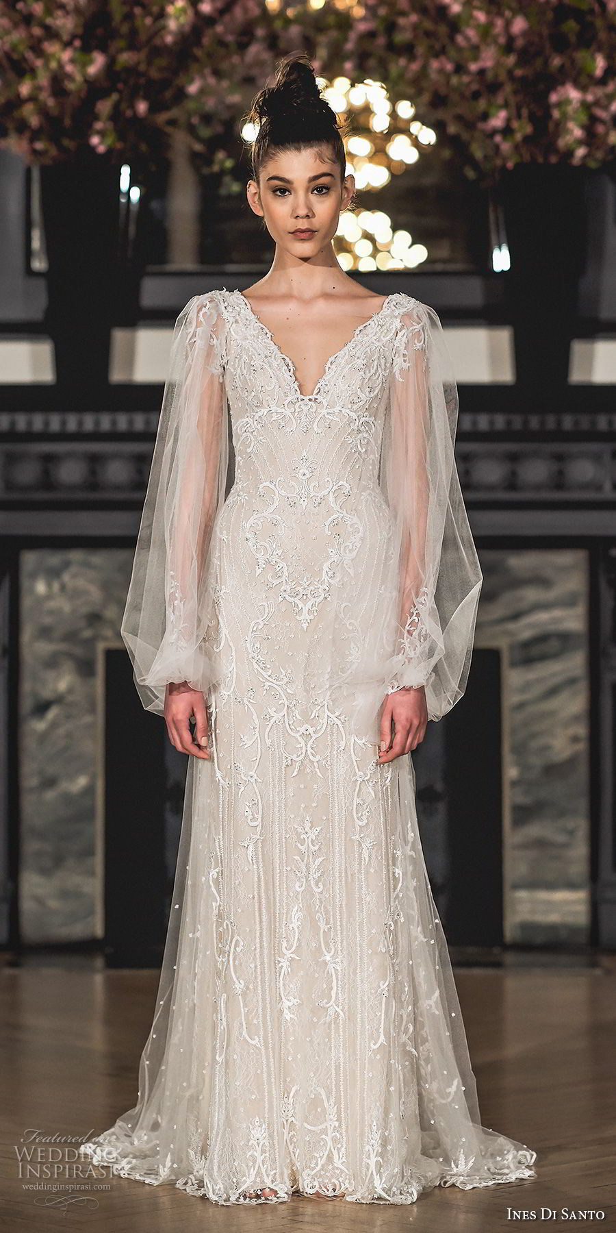 ines di santo spring 2019 bridal long bishop sleeves v neck full embellishment elegant bohemian modified a  line wedding dress sweep train (6) mv