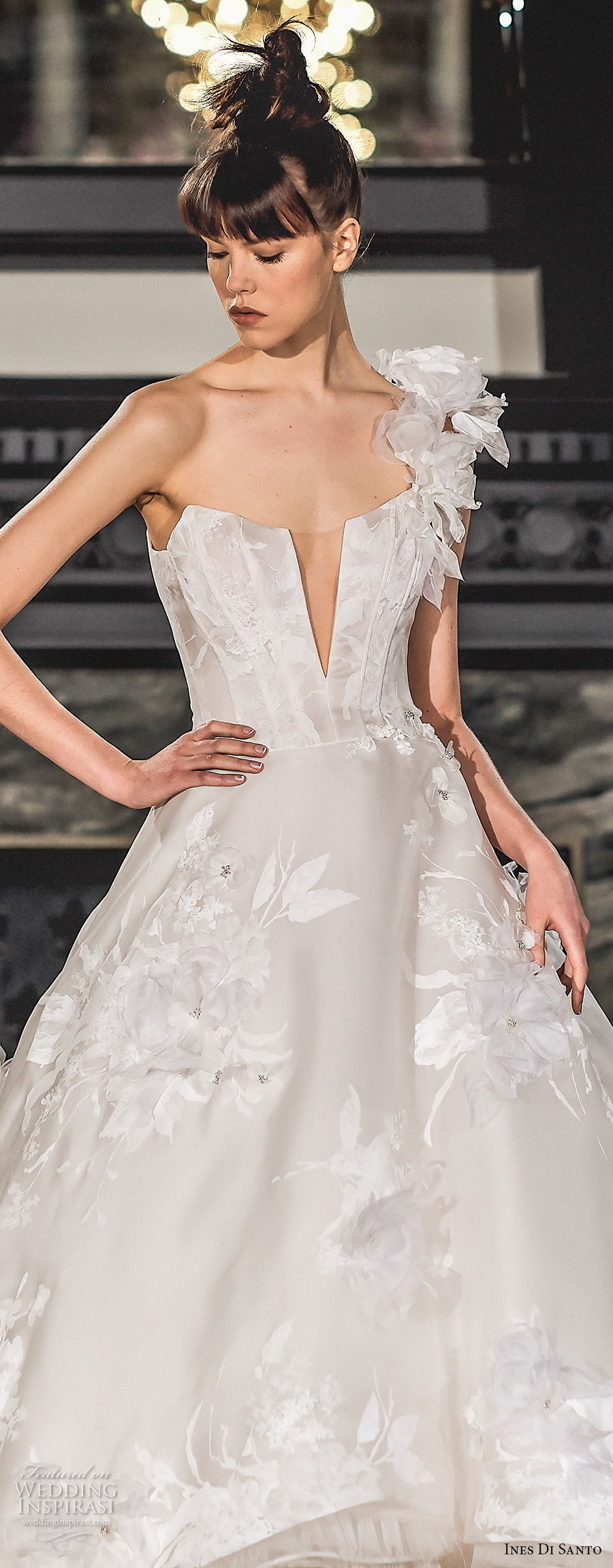 ines di santo spring 2019 bridal one shoulder deep plunging v neck full embellishment romantic high low a  line wedding dress chapel train (7) zv