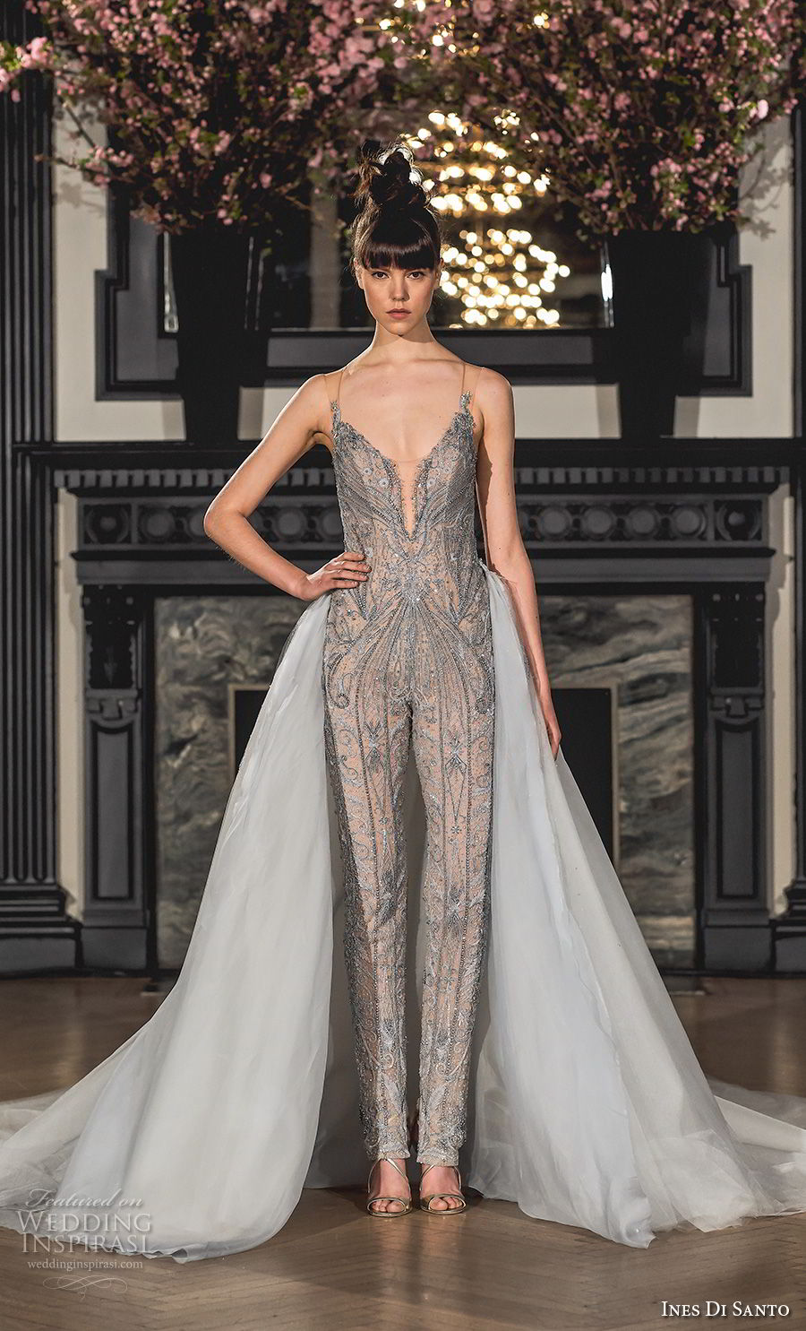 ines di santo spring 2019 bridal sheer strap deep plunging sweetheart neckline full embellishment gray pants jumpsuit wedding dress a  line overskirt chapel train (17) mv