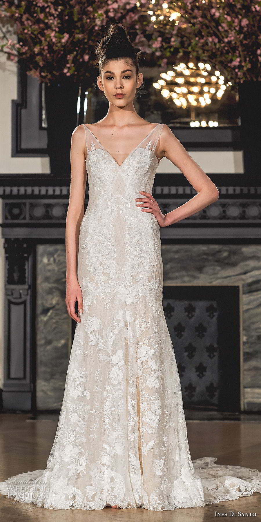 ines di santo spring 2019 bridal sleeveless sheer strap illusion v sweetheart neckline full embellishment elegant trumpet wedding dress chapel train (4) mv