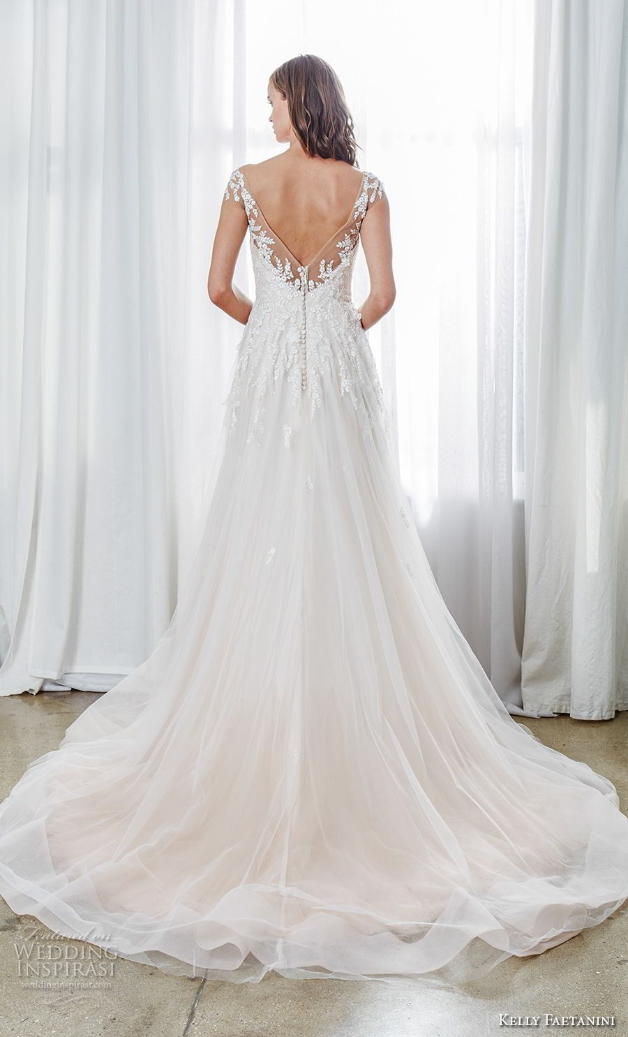 kelly faetanini spring 2019 bridal cap sleeves sweetheart neckline heavily embellished bodice tulle skirt romantic blush a  line wedding dress open back chapel train (6) bv