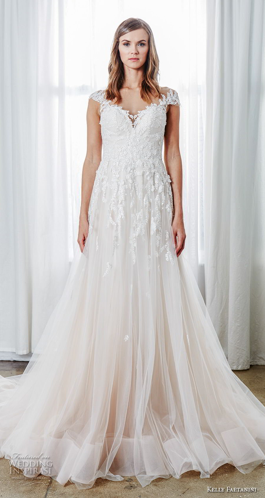 kelly faetanini spring 2019 bridal cap sleeves sweetheart neckline heavily embellished bodice tulle skirt romantic blush a  line wedding dress open back chapel train (6) mv