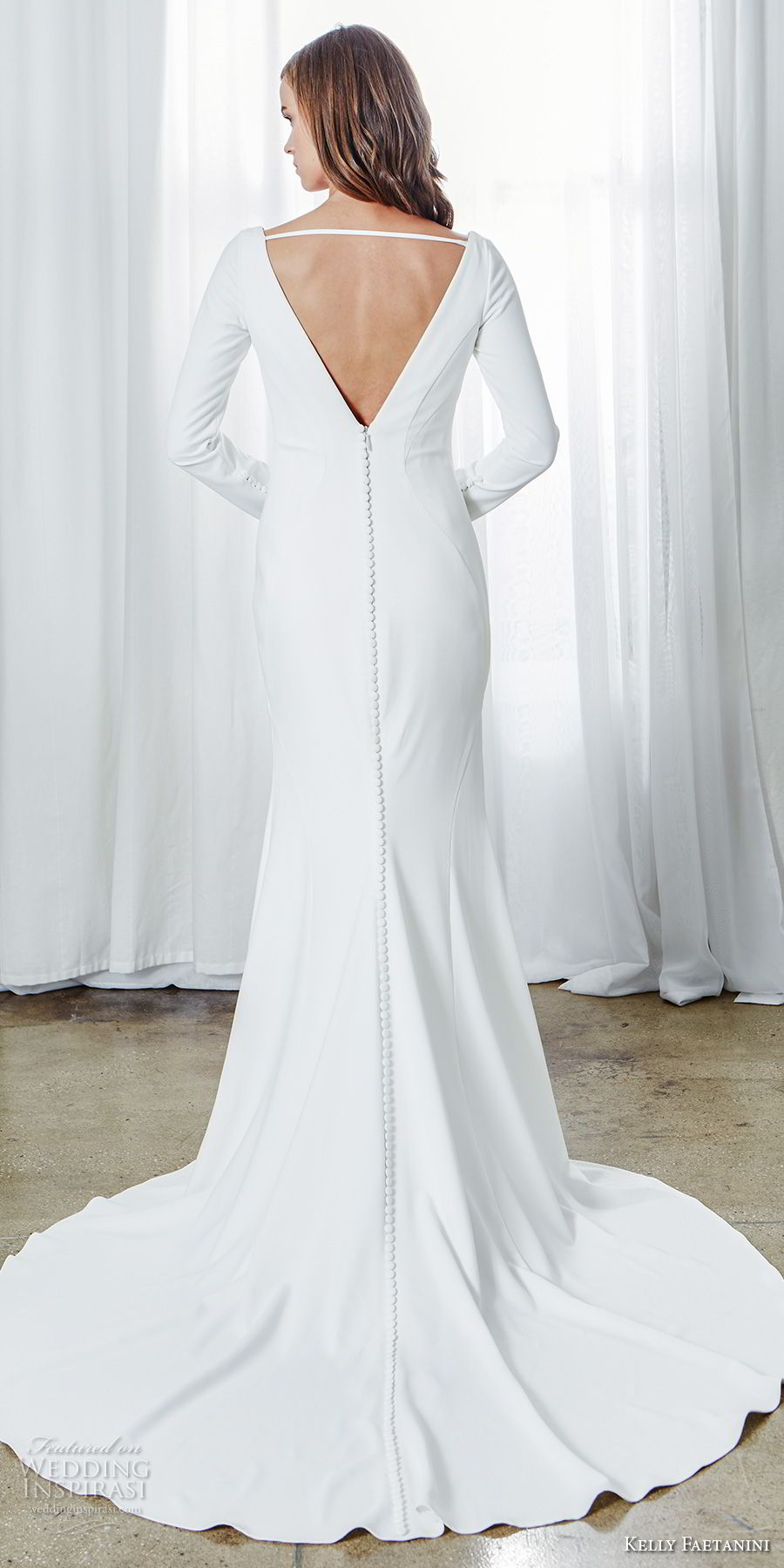 kelly faetanini spring 2019 bridal long sleeves deep plunging v neck simple clean elegant modern trumpet wedding dress short train (8) bv