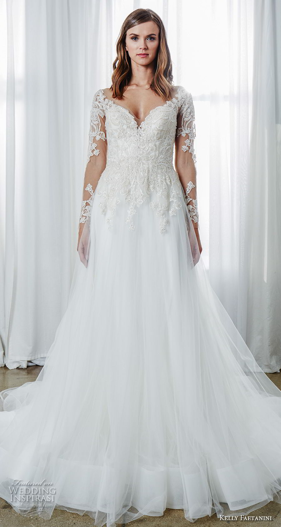 kelly faetanini spring 2019 bridal long sleeves sweetheart neckline full embellishment romantic a  line wedding dress sheer button back chapel train (1) mv