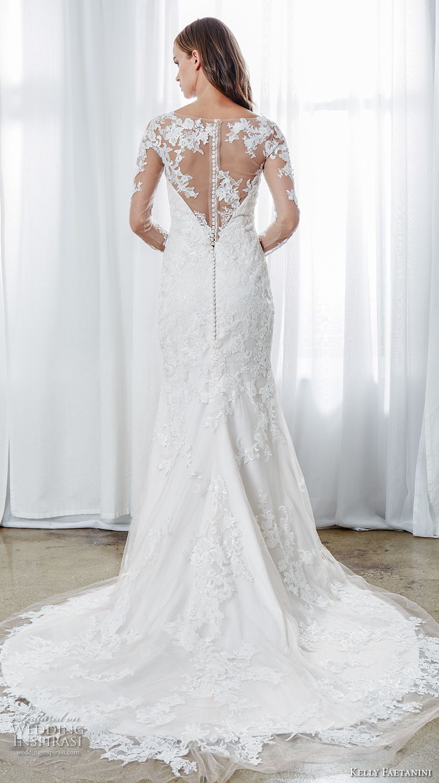 kelly faetanini spring 2019 bridal long sleeves v neck full embellishment elegant modified trumpet a  line wedding dress lace button back chapel train (9) bv