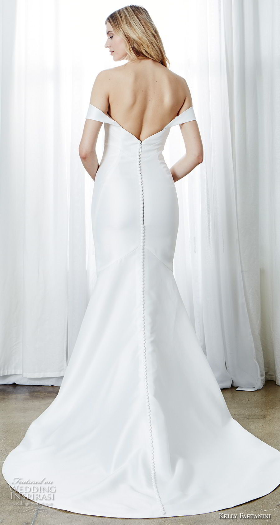 kelly faetanini spring 2019 bridal off the shoulder sweetheart neckline simple clean fit and flare wedding dress chapel train (3) bv