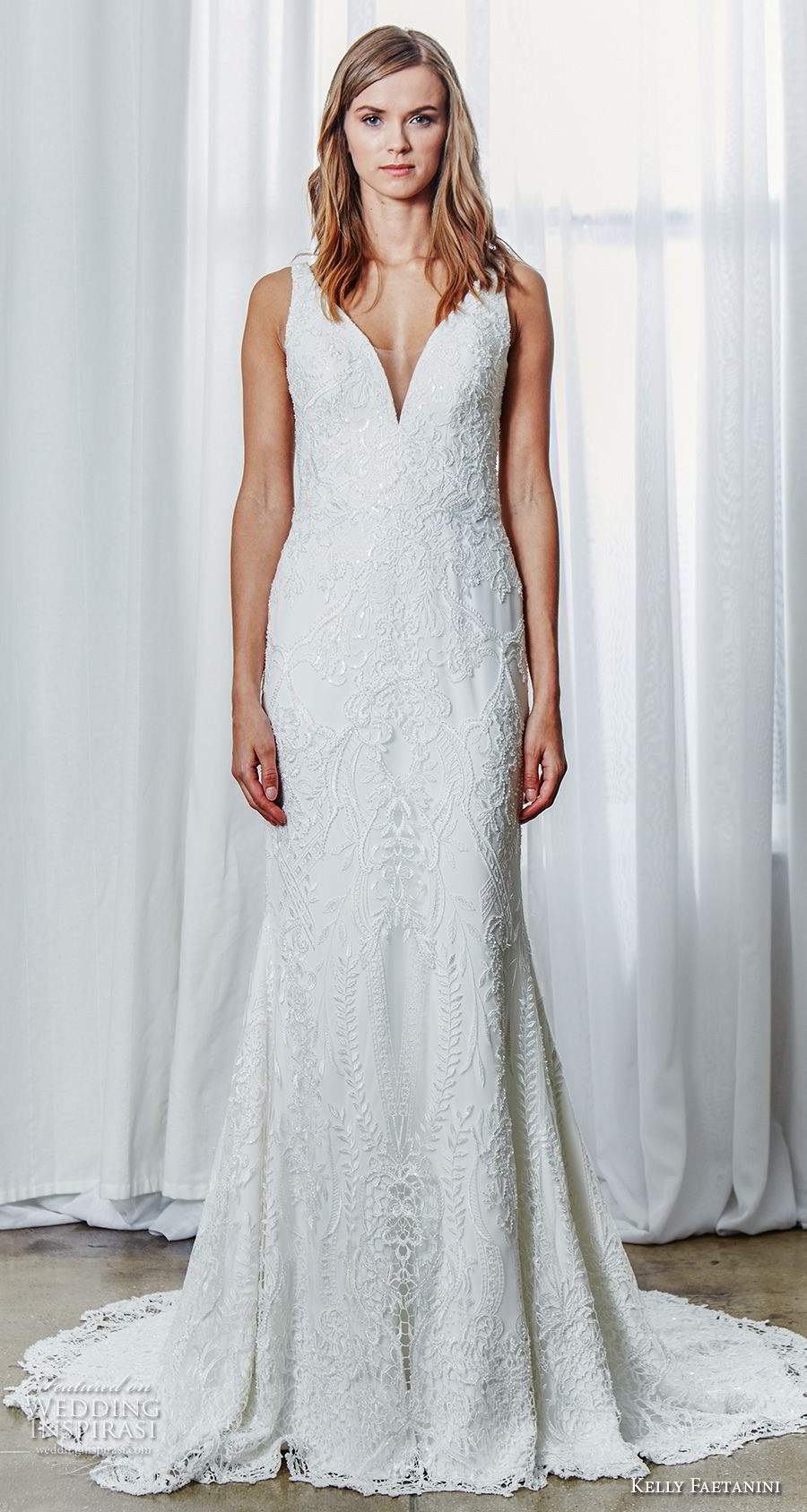 kelly faetanini spring 2019 bridal sleeveless deep v neck full embellishment elegant trumpet wedding dress v back sweep train (11) mv