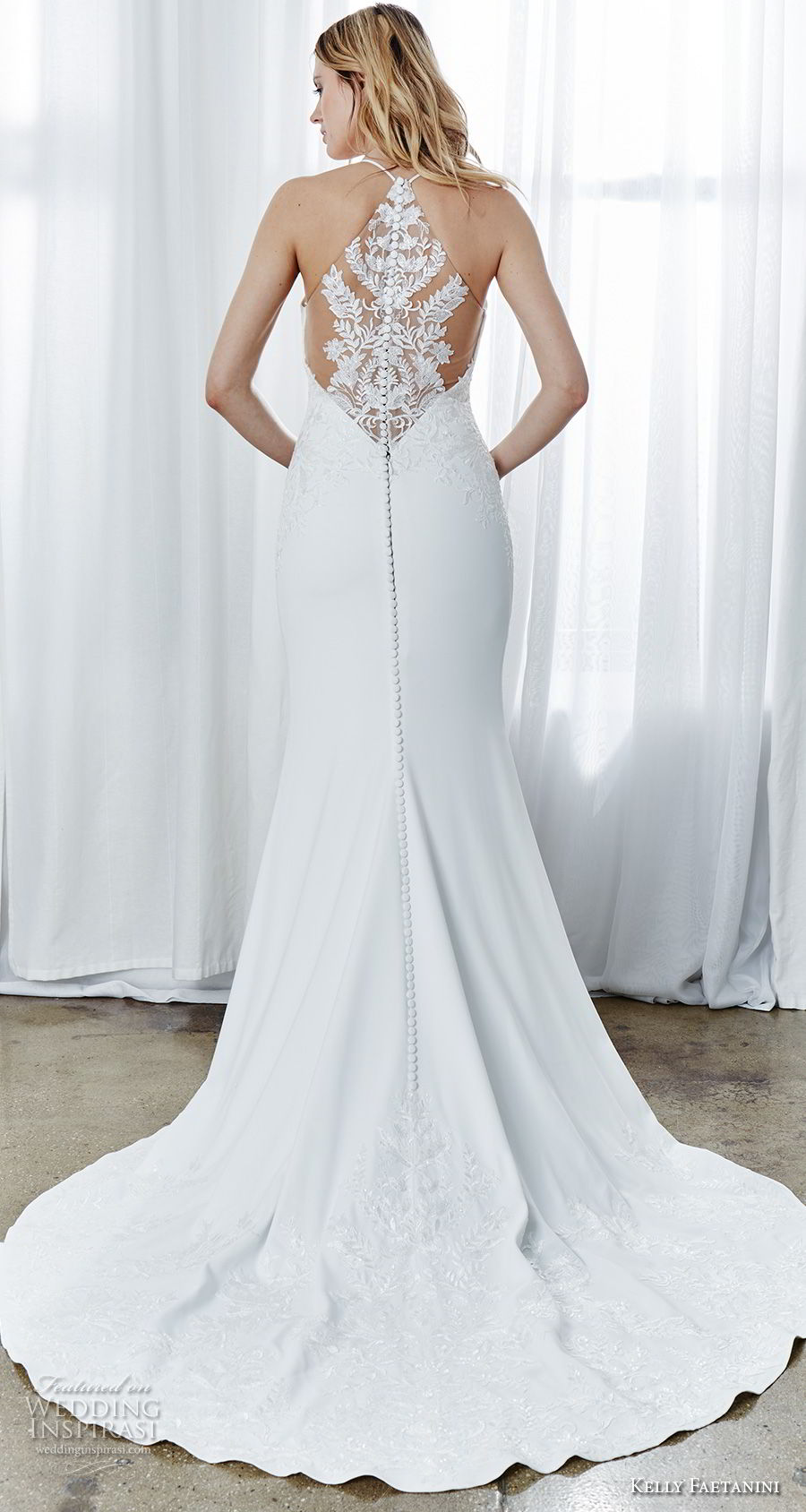 kelly faetanini spring 2019 bridal sleeveless halter neck heavily embellished bodice elegant fit and flare wedding dress rasor lace back sweep train (12) bv