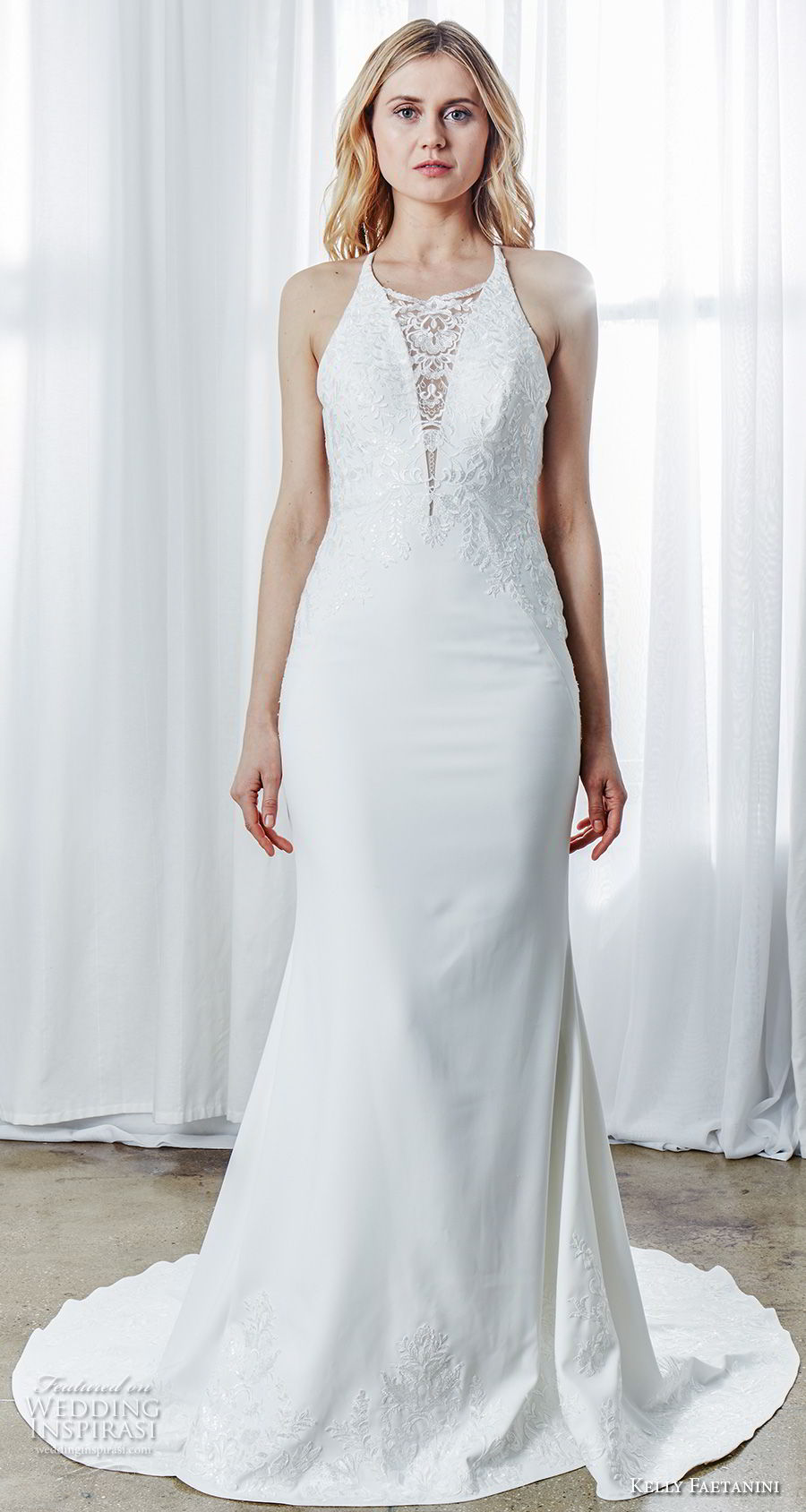 kelly faetanini spring 2019 bridal sleeveless halter neck heavily embellished bodice elegant fit and flare wedding dress rasor lace back sweep train (12) mv