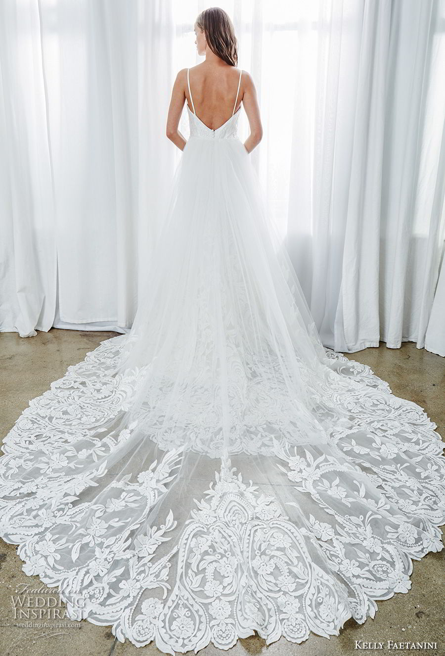 kelly faetanini spring 2019 bridal sleeveless spaghetti strap sweetheart neckline full embellishment elegant fit and flare wedding dress a  line overskirt open back royal train (4) bv