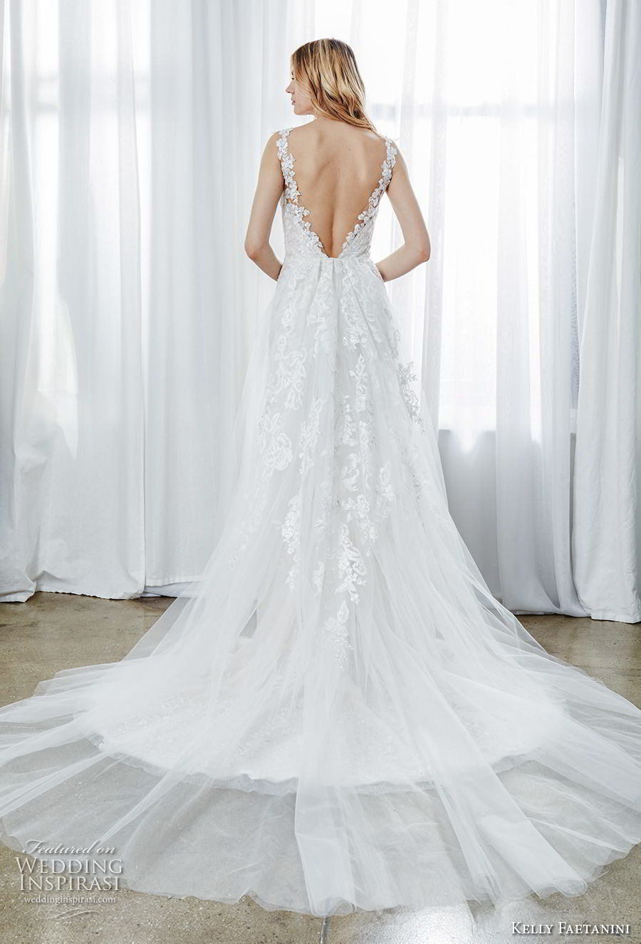 kelly faetanini spring 2019 bridal sleeveless with strap sweetheart neckline full embellishment fit and flare wedding dress v back chapel train (2) bv