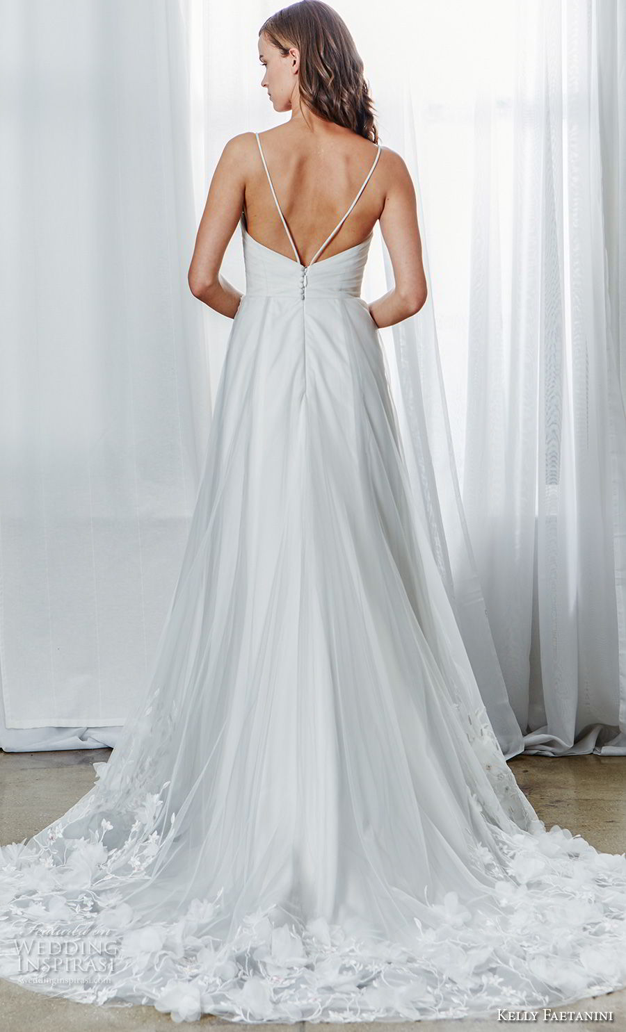 kelly faetanini spring 2019 bridal sleevesless spaghetti strap deep sweetheart ruched bodice embellished hem romantic a  line wedding dress chapel train (2) bv