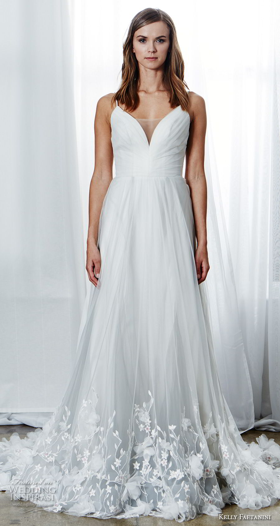 kelly faetanini spring 2019 bridal sleevesless spaghetti strap deep sweetheart ruched bodice embellished hem romantic a  line wedding dress chapel train (2) mv