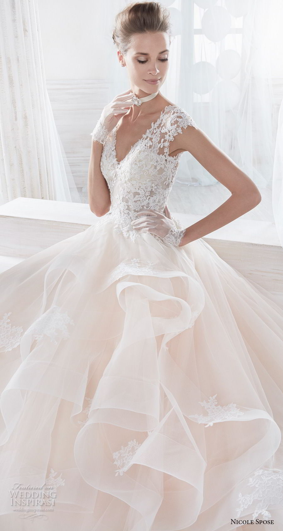 nicole spose 2018 bridal cap sleeves v neck heavily embellished bodice layered skirt romantic blush a  line wedding dress sheer button back chapel train (7) zv