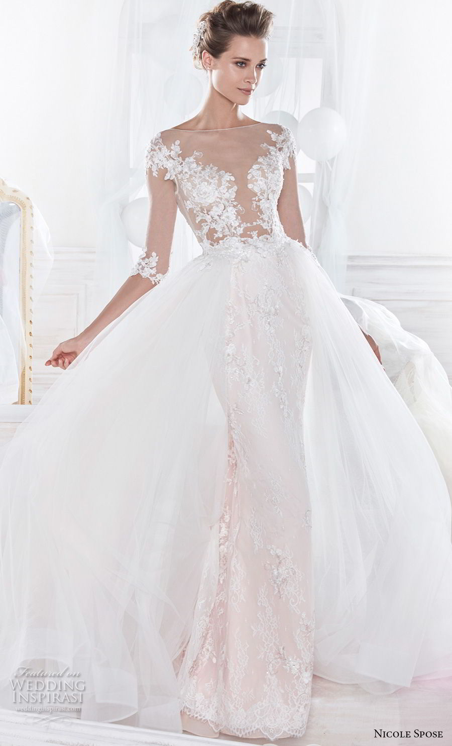 nicole spose 2018 bridal half sleeves sheer bateau v neck heavily embellished bodice princess sheath wedding dress a  line overskirt sheer lace button back chapel train (15) mv